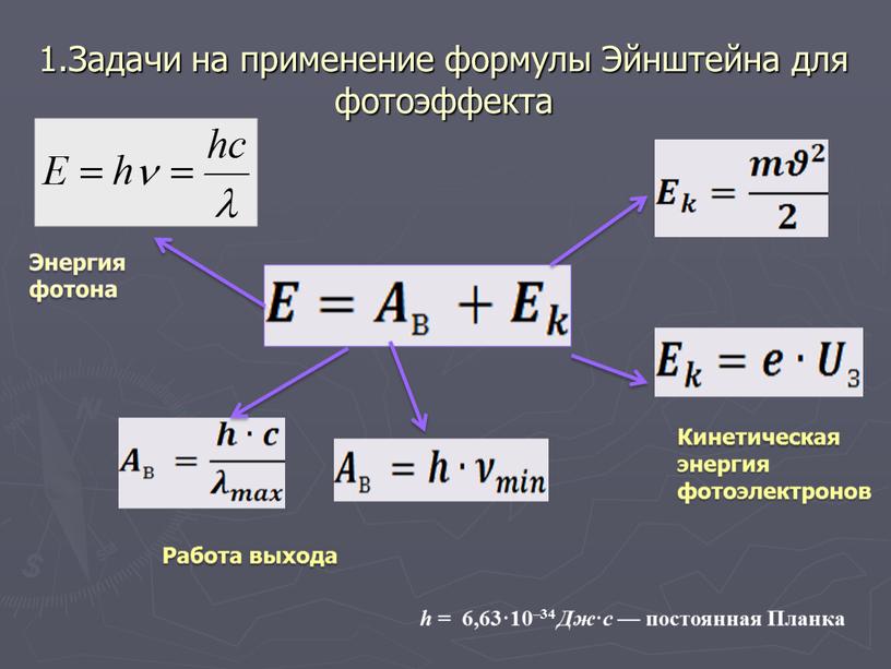 Задачи на применение формулы Эйнштейна для фотоэффекта h = 6,63·10–34