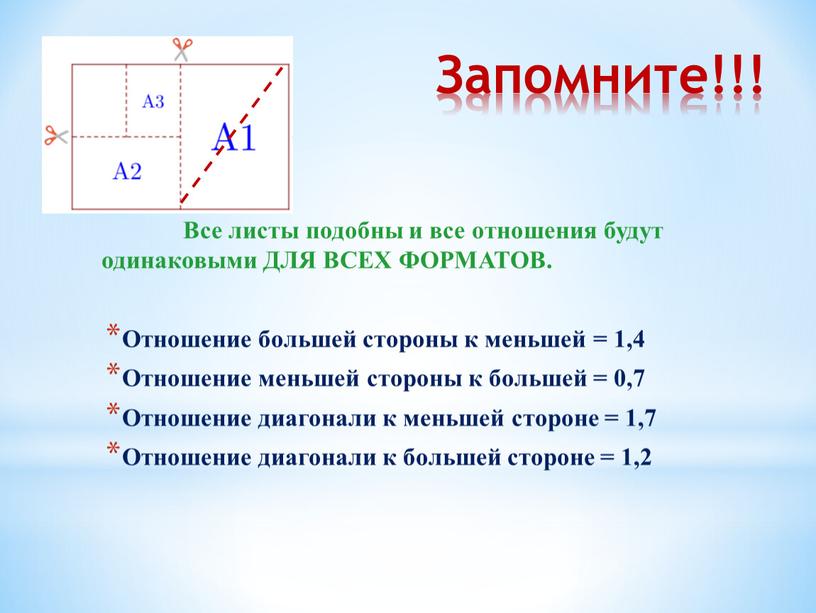 Запомните!!! Все листы подобны и все отношения будут одинаковыми