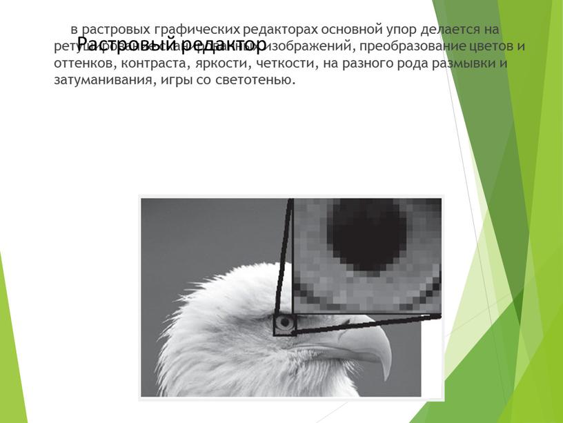 в растровых графических редакторах основной упор делается на ретуширование сканированных изображений, преобразование цветов и оттенков, контраста, яркости, четкости, на разного рода размывки и затуманивания, игры…