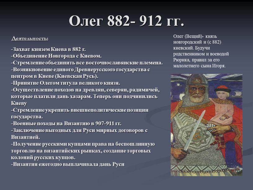 Олег 882- 912 гг. Деятельность: