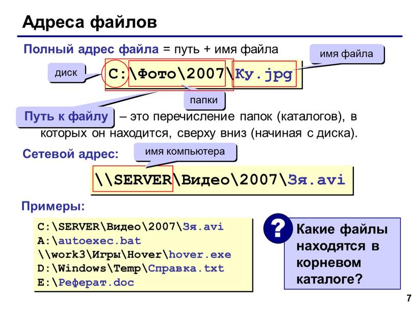 Адреса файлов C:\Фото\2007\Ку.jpg диск папки имя файла \\SERVER\Видео\2007\Зя