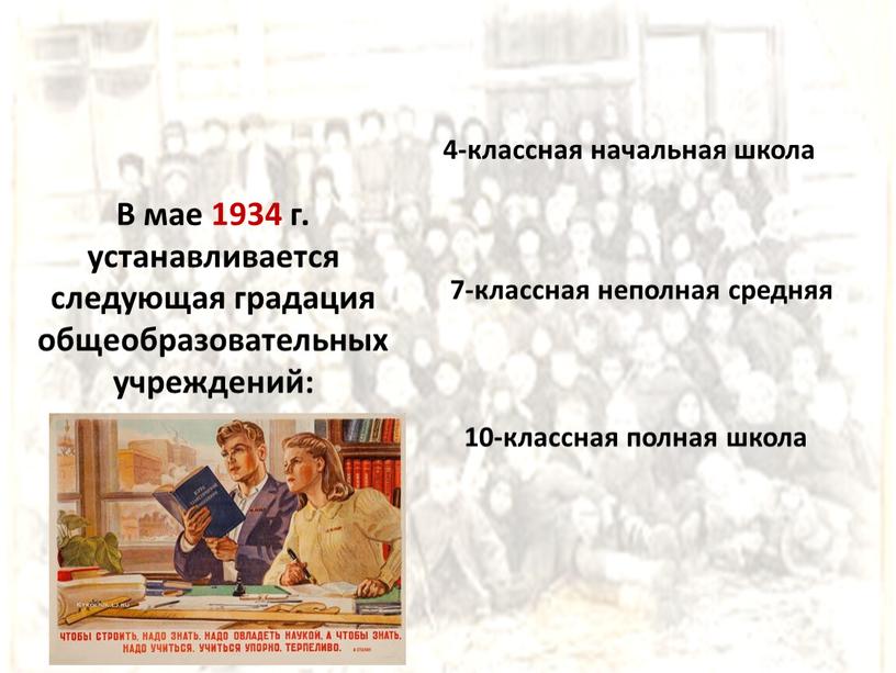 В мае 1934 г. устанавливается следующая градация общеобразовательных учреждений: 4-классная начальная школа 7-классная неполная средняя 10-классная полная школа