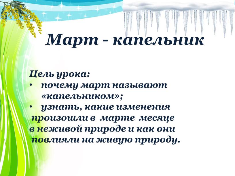 Март - капельник Цель урока: почему март называют «капельником»; узнать, какие изменения произошли в марте месяце в неживой природе и как они повлияли на живую…