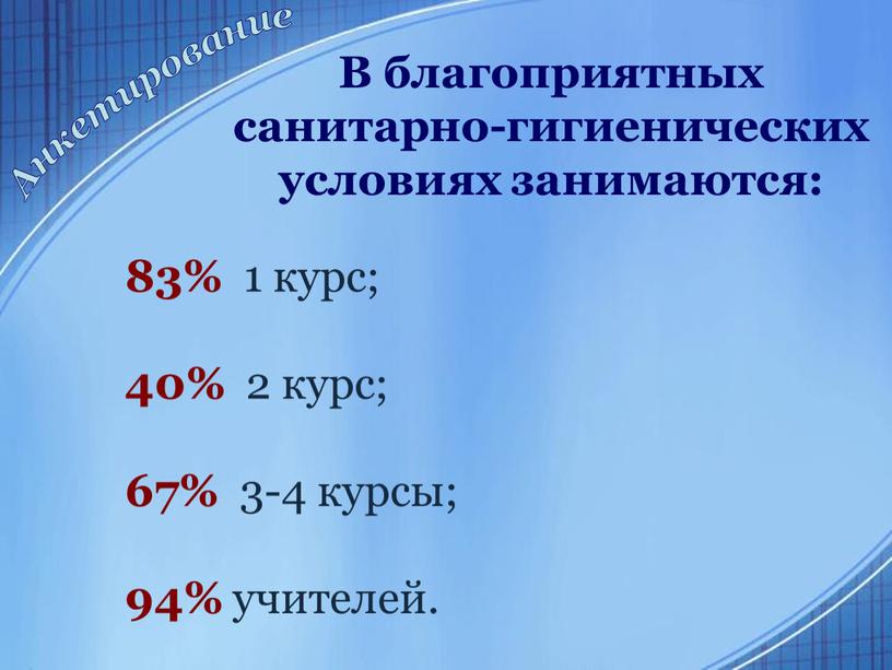 В благоприятных санитарно-гигиенических условиях занимаются: 83% 1 курс; 40% 2 курс; 67% 3-4 курсы; 94% учителей