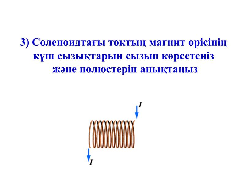 Соленоидтағы токтың магнит өрiсiнiң күш сызықтарын сызып көрсетеңiз және полюстерiн анықтаңыз