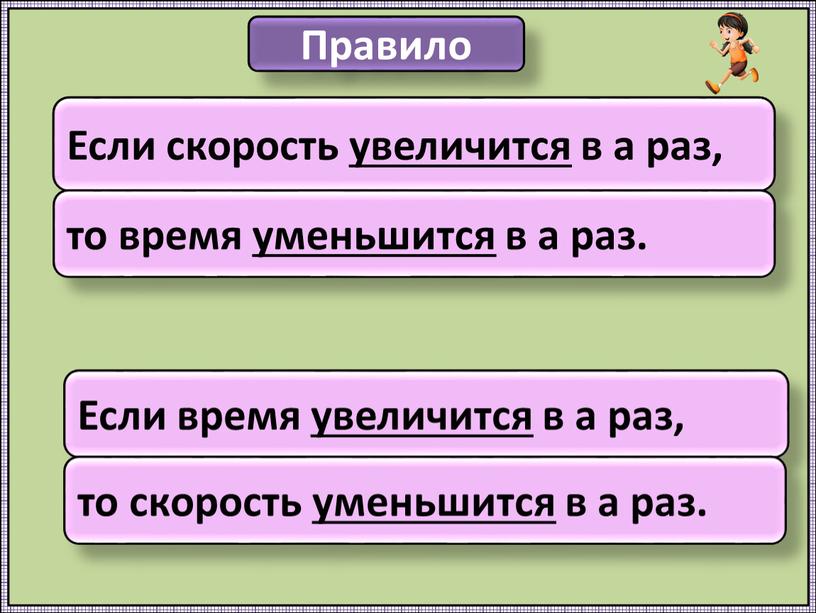 Правило Если скорость увеличится в а раз, то время уменьшится в а раз