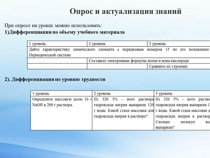 Опрос и актуализация знаний При опросе на уроках можно использовать: 1)Дифференциация по объему учебного материала 1 уровень 2 уровень 3 уровень