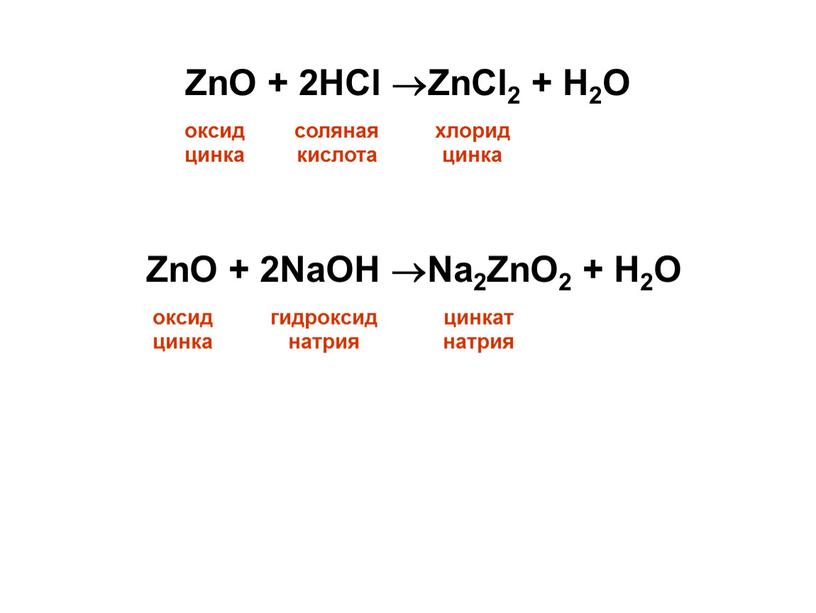 ZnO + 2NaOH Na2ZnO2 + H2O оксид цинка гидроксиднатрия цинкат натрия