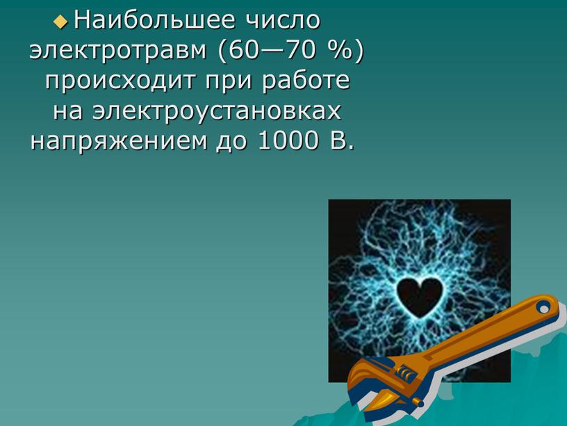 Наибольшее число электротравм (60—70 %) происходит при работе на электроустановках напряжением до 1000