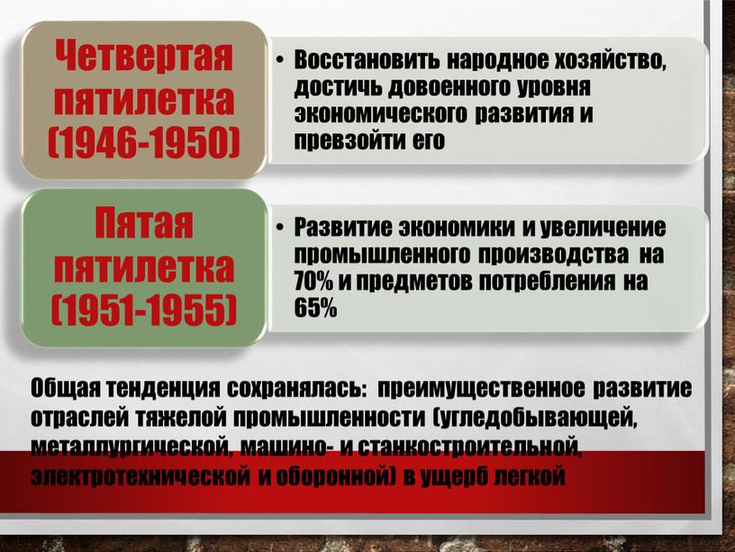 Общая тенденция сохранялась: преимущественное развитие отраслей тяжелой промышленности (угледобывающей, металлургической, машино- и станкостроительной, электротехнической и оборонной) в ущерб легкой