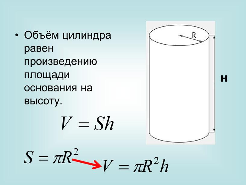 Объём цилиндра равен произведению площади основания на высоту