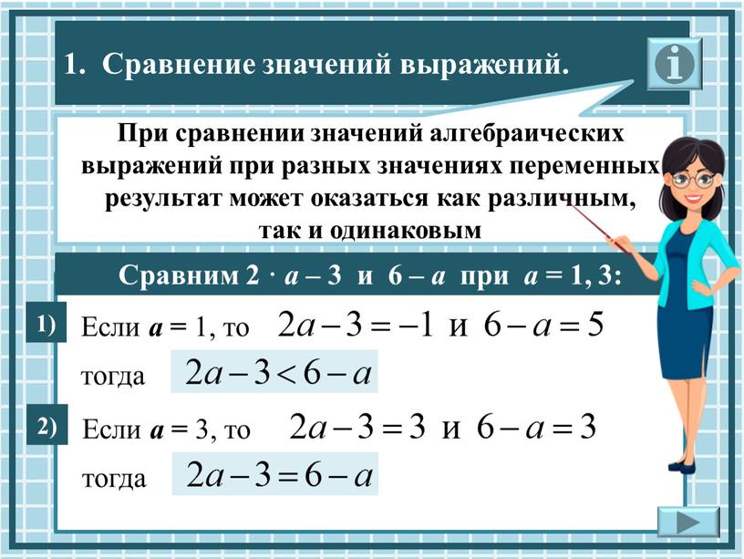 Сравним 2 · а – 3 и 6 – а при а = 1, 3: