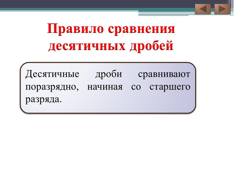 Правило сравнения десятичных дробей