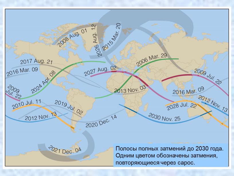 Полосы полных затмений до 2030 года