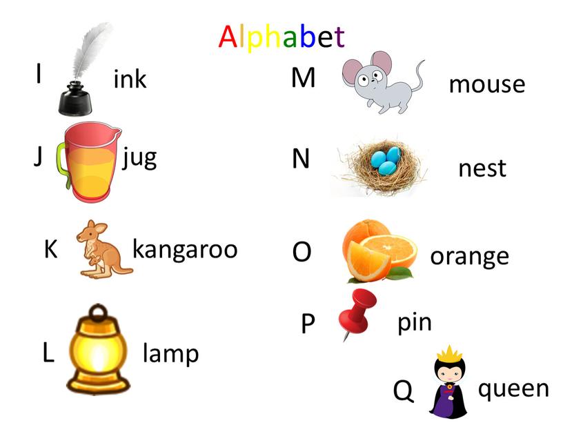 Alphabet I ink J jug K kangaroo