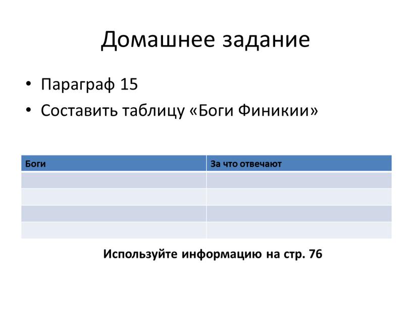 Домашнее задание Параграф 15 Составить таблицу «Боги