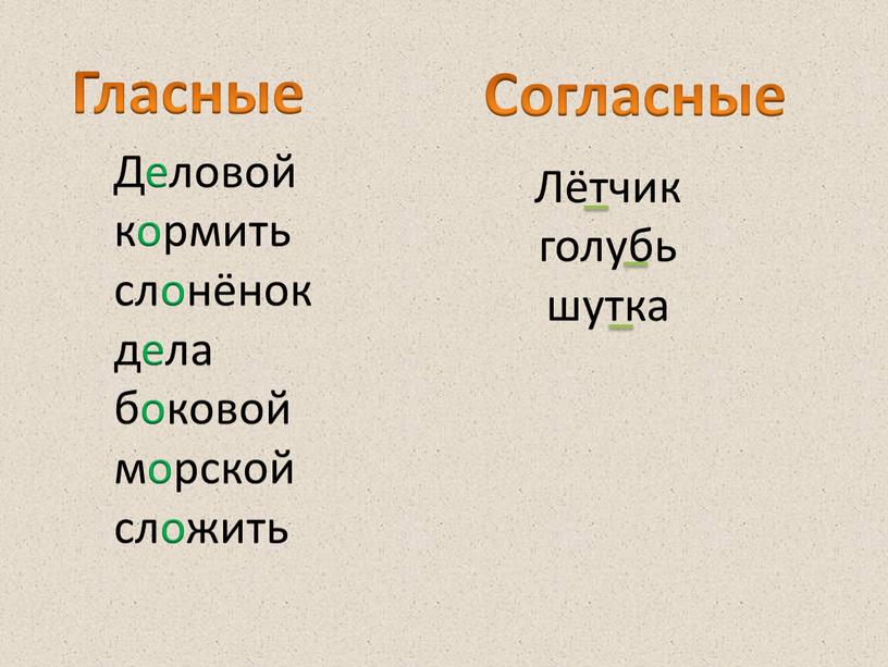 Гласные Согласные Деловой кормить слонёнок дела боковой морской сложить