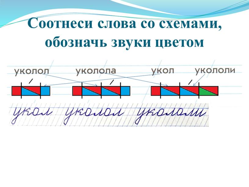 Соотнеси слова со схемами, обозначь звуки цветом