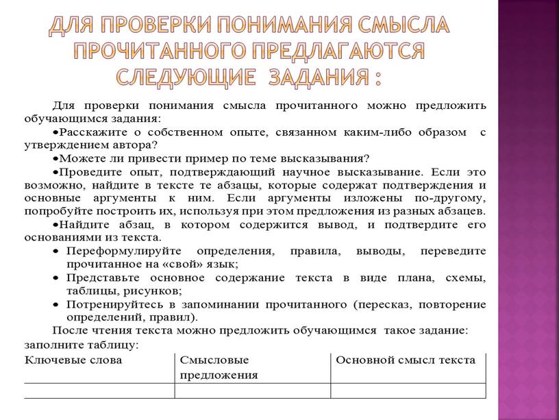 Для проверки понимания смысла прочитанного предлагаются следующие задания :