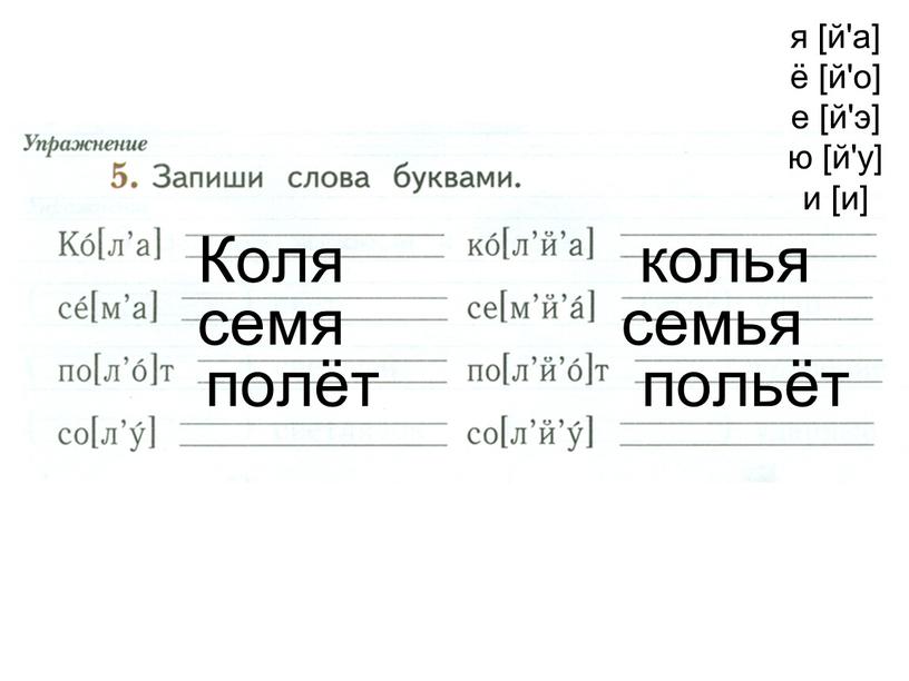 Коля семя я [й'а] ё [й'о] е [й'э] ю [й'у] и [и] колья семья полёт польёт