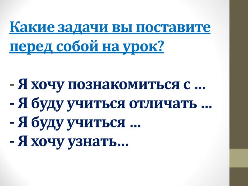 Какие задачи вы поставите перед собой на урок? -