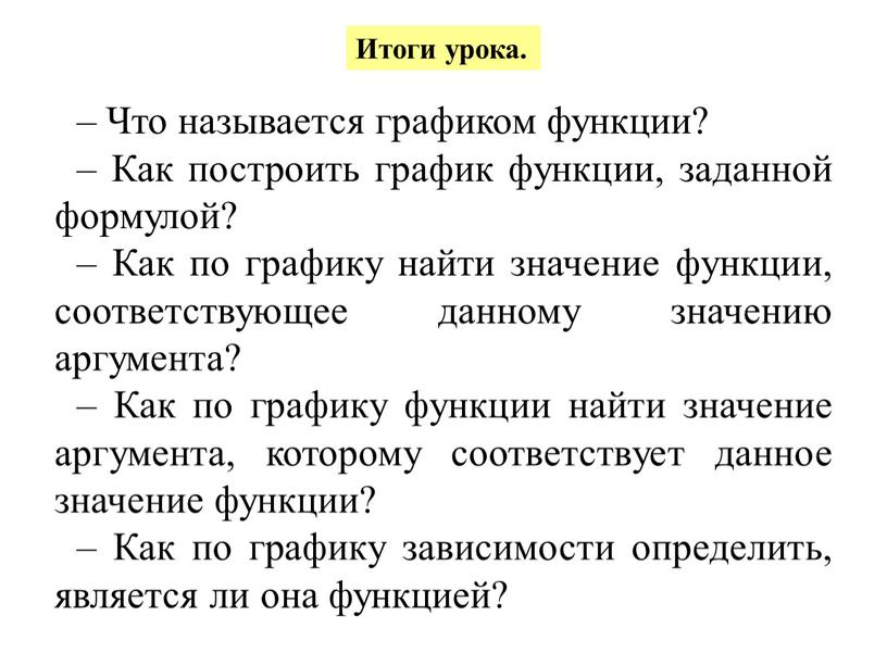 Итоги урока. – Что называется графиком функции? –