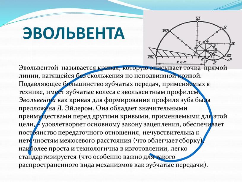 ЭВОЛЬВЕНТА Эвольвентой называется кривая, которую описывает точка прямой линии, катящейся без скольжения по неподвижной кривой