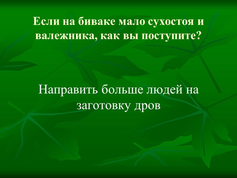 Если на биваке мало сухостоя и валежника, как вы поступите?