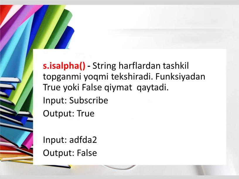 String harflardan tashkil topganmi yoqmi tekshiradi