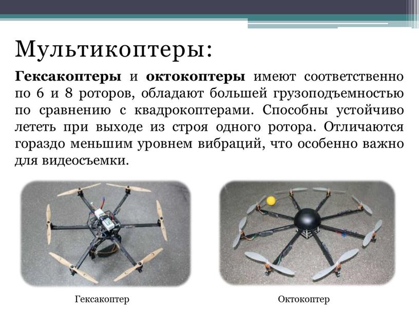 Мультикоптеры: Гексакоптеры и октокоптеры имеют соответственно по 6 и 8 роторов, обладают большей грузоподъемностью по сравнению с квадрокоптерами