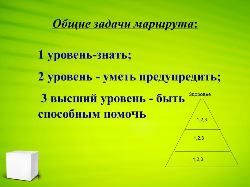 Общие задачи маршрута : 1 уровень-знать; 2 уровень - уметь предупредить; 3 высший уровень - быть способным помочь 1,2,3 1,2,3 1,2,3