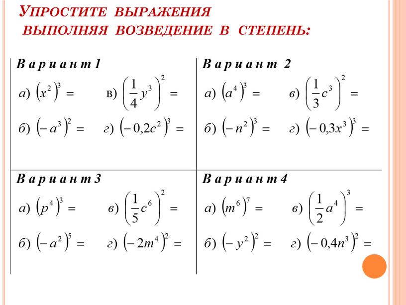 Упростите выражения выполняя возведение в степень: