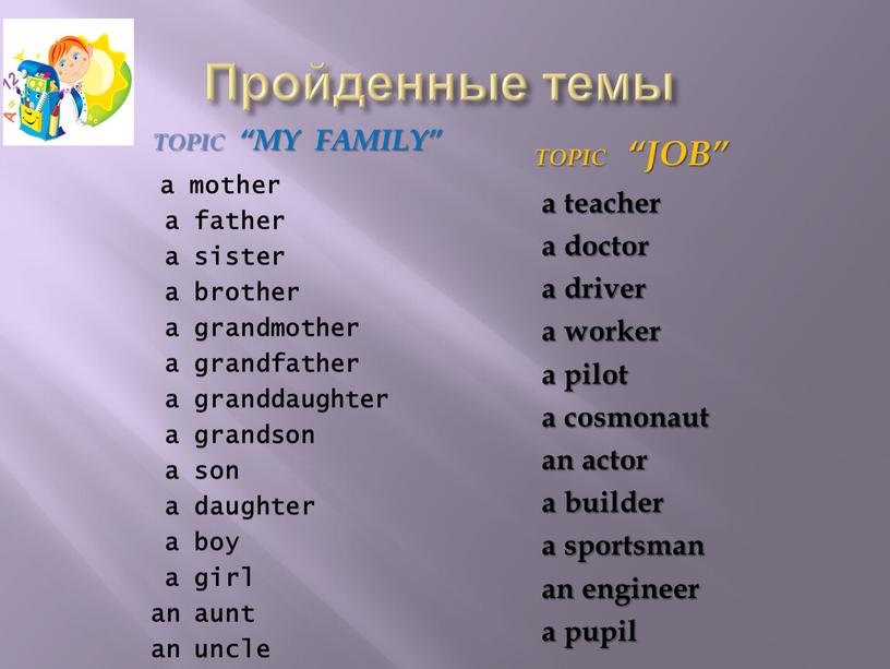 Пройденные темы Topic “My Family” topic “Job” a mother a father a sister a brother a grandmother a grandfather a granddaughter a grandson a son…