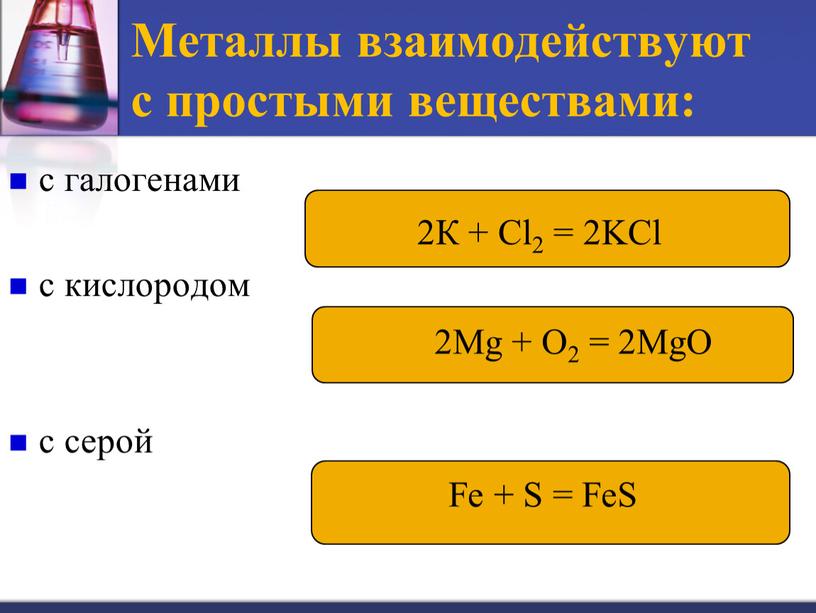 Металлы взаимодействуют с простыми веществами: с галогенами с кислородом с серой 2Mg +