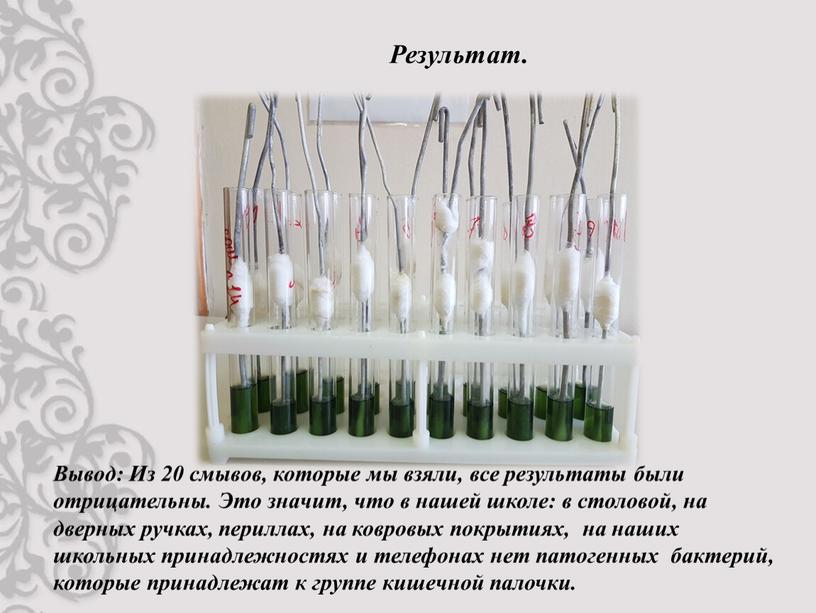 Результат. Вывод: Из 20 смывов, которые мы взяли, все результаты были отрицательны