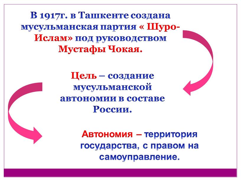 В 1917г. в Ташкенте создана мусульманская партия «