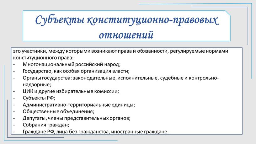 Субъекты конституционно-правовых отношений это участники, между которыми возникают права и обязанности, регулируемые нормами конституционного права: