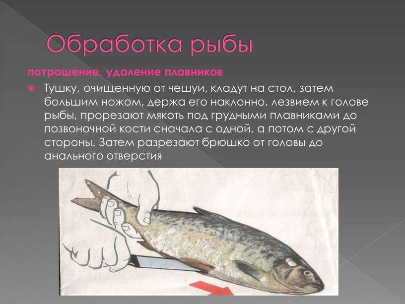 Обработка рыбы потрошение, удаление плавников
