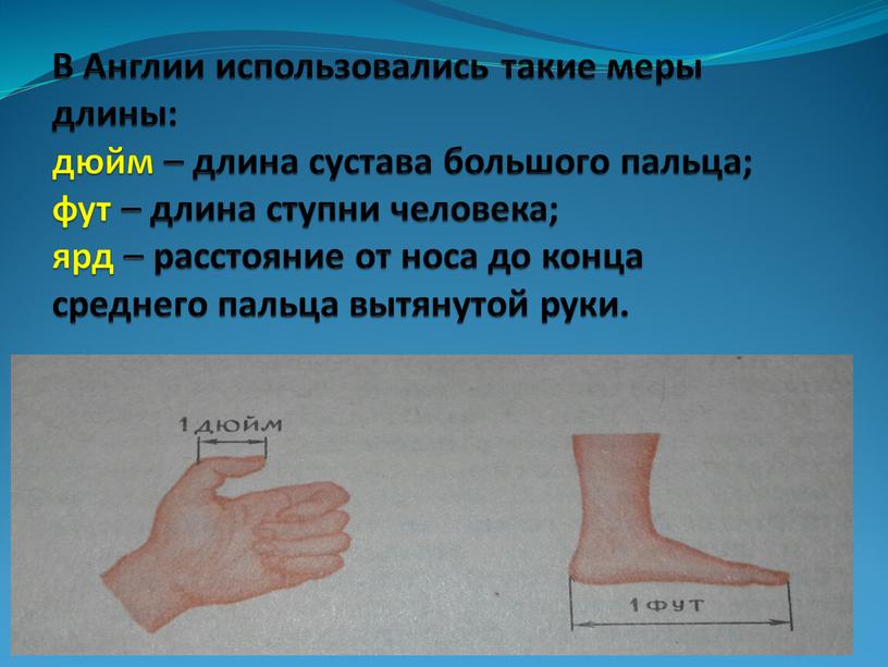 В Англии использовались такие меры длины: дюйм – длина сустава большого пальца; фут – длина ступни человека; ярд – расстояние от носа до конца среднего…