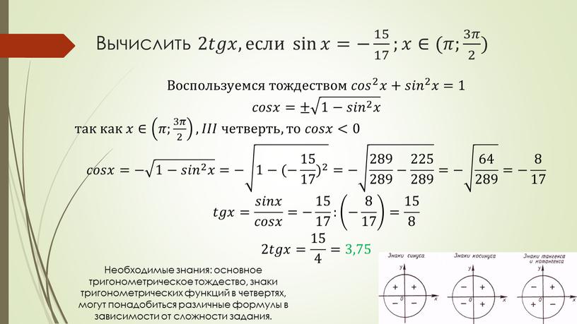 Вычислить 2𝑡𝑡𝑔𝑔𝑥𝑥, если sin 𝑥=− 15 17 sin sin 𝑥=− 15 17 𝑥𝑥=− 15 17 15 15 17 17 15 17 sin 𝑥=− 15 17…