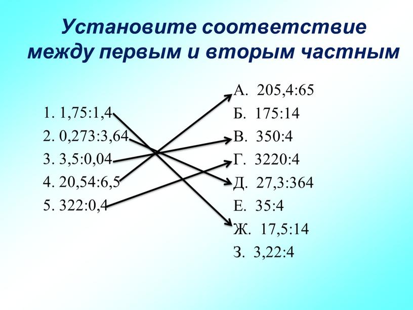 Установите соответствие между первым и вторым частным 1