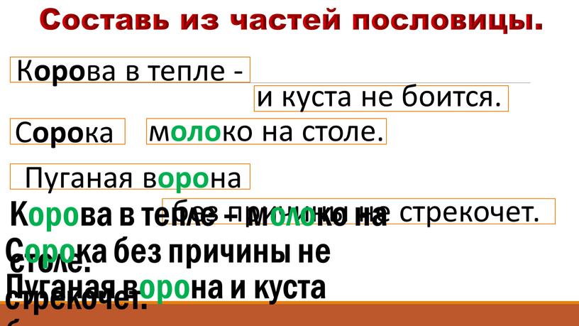 Составь из частей пословицы. К оро ва в тепле - и куста не боится