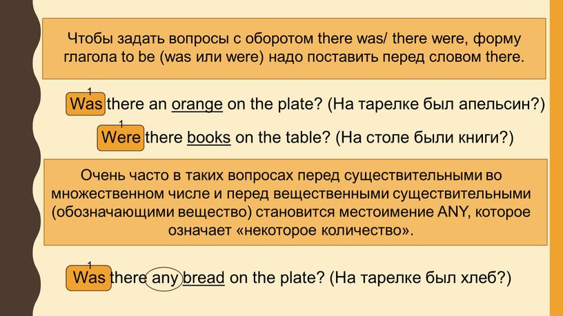 Чтобы задать вопросы с оборотом there was/ there were, форму глагола to be (was или were) надо поставить перед словом there