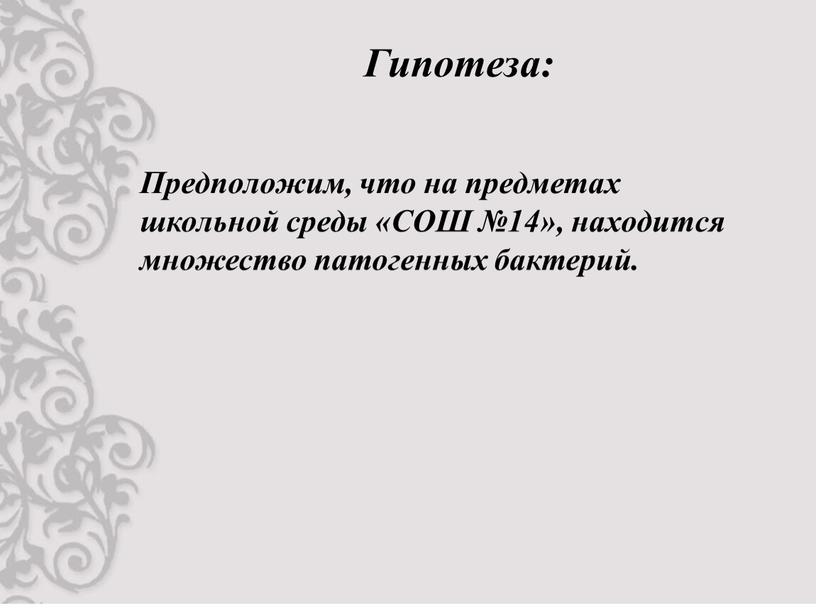 Гипотеза: Предположим, что на предметах школьной среды «СОШ №14», находится множество патогенных бактерий