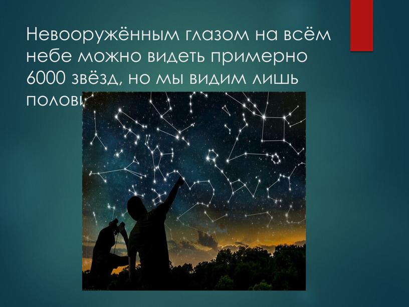 Невооружённым глазом на всём небе можно видеть примерно 6000 звёзд, но мы видим лишь половину