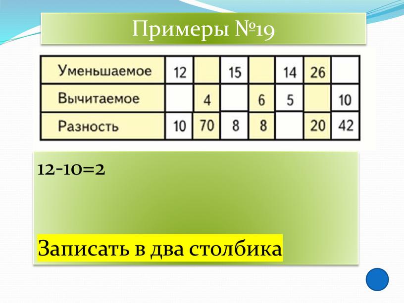 Примеры №19 12-10=2 Записать в два столбика