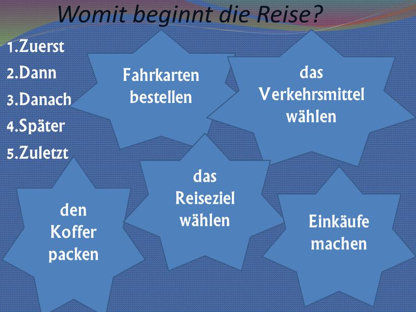 Womit beginnt die Reise? 1.Zuerst 2