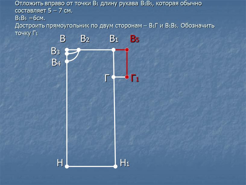 Отложить вправо от точки В1 длину рукава