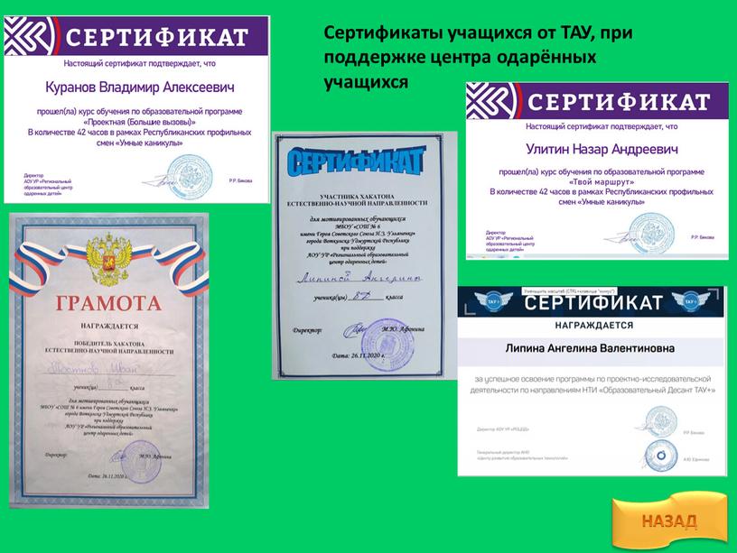 НАЗАД Сертификаты учащихся от ТАУ, при поддержке центра одарённых учащихся