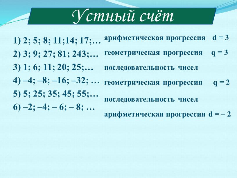 1) 2; 5; 8; 11;14; 17;… 2) 3; 9; 27; 81; 243;… 3) 1; 6; 11; 20; 25;… 4) –4; –8; –16; –32; … 5)…